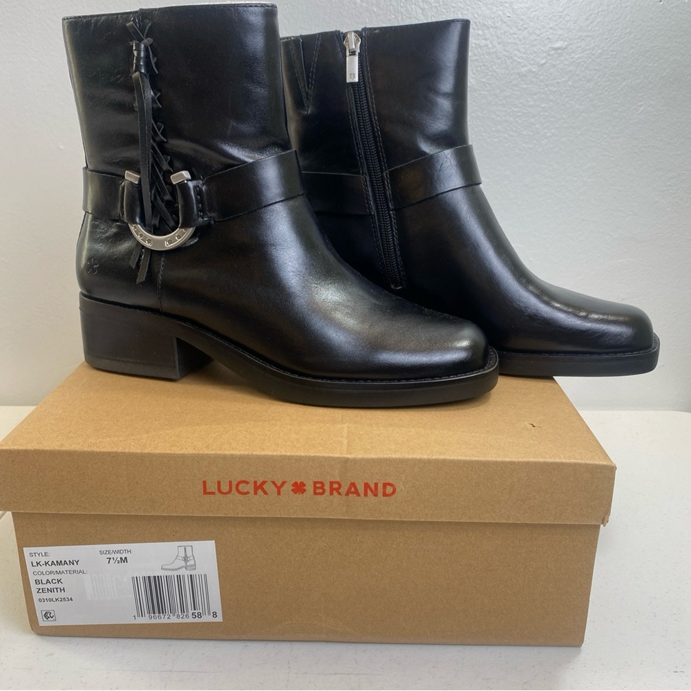 Lucky Brand Kamany Women's Zip Up Heeled Boots Black Leather US Size 7.5 Medium